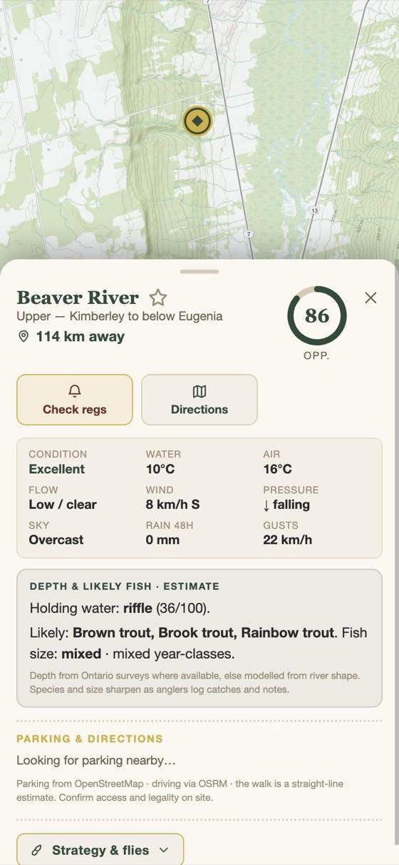 A river report on the map with conditions and likely fish